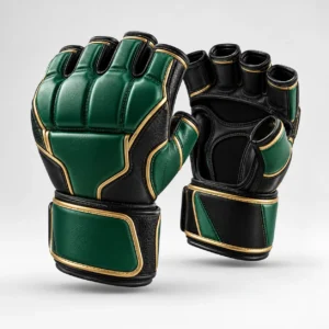 Green and Black Martial Arts Gloves with Gold Trim