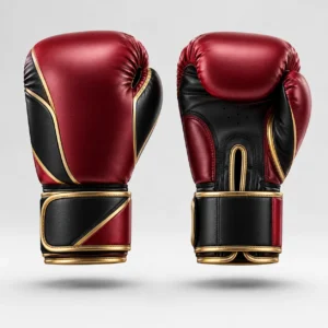 Red and Black Martial Arts Boxing Gloves with Gold Trim